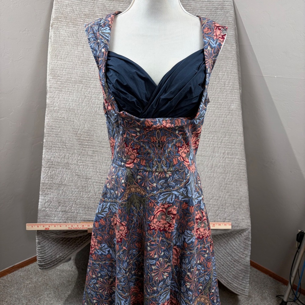 Lindy Bop Floral William Morris Print Rockabilly Swing Dress Blue Coral US L